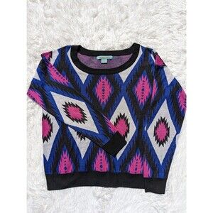 Flying Tomato Anthropologie Large Long Sleeve Aztec Tribal Black Pink Sweater